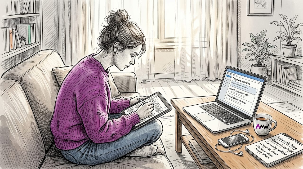 Content creator drafting posts in living room