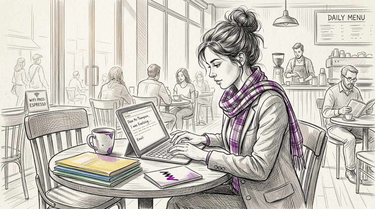 Marketer personalising campaign in café workspace