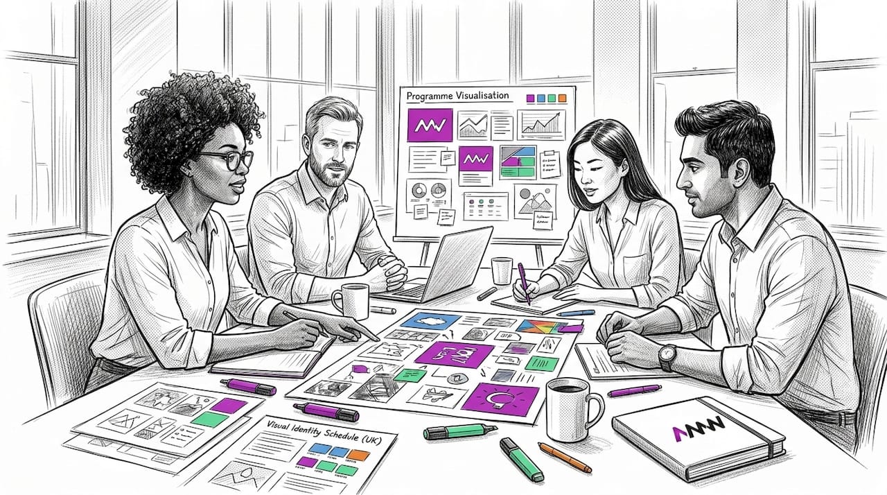 Marketing team meeting with campaign materials