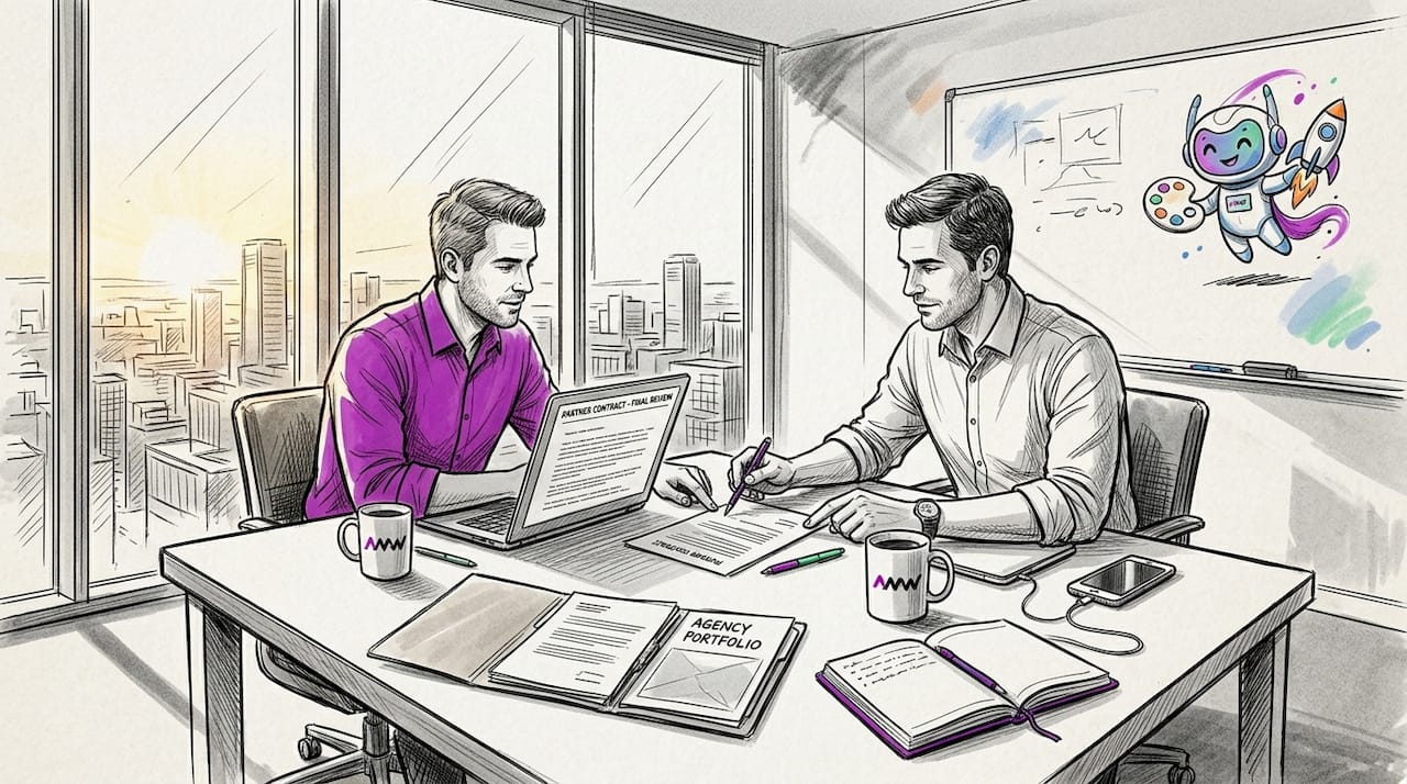 Two agency leaders meeting in sunlit corner office