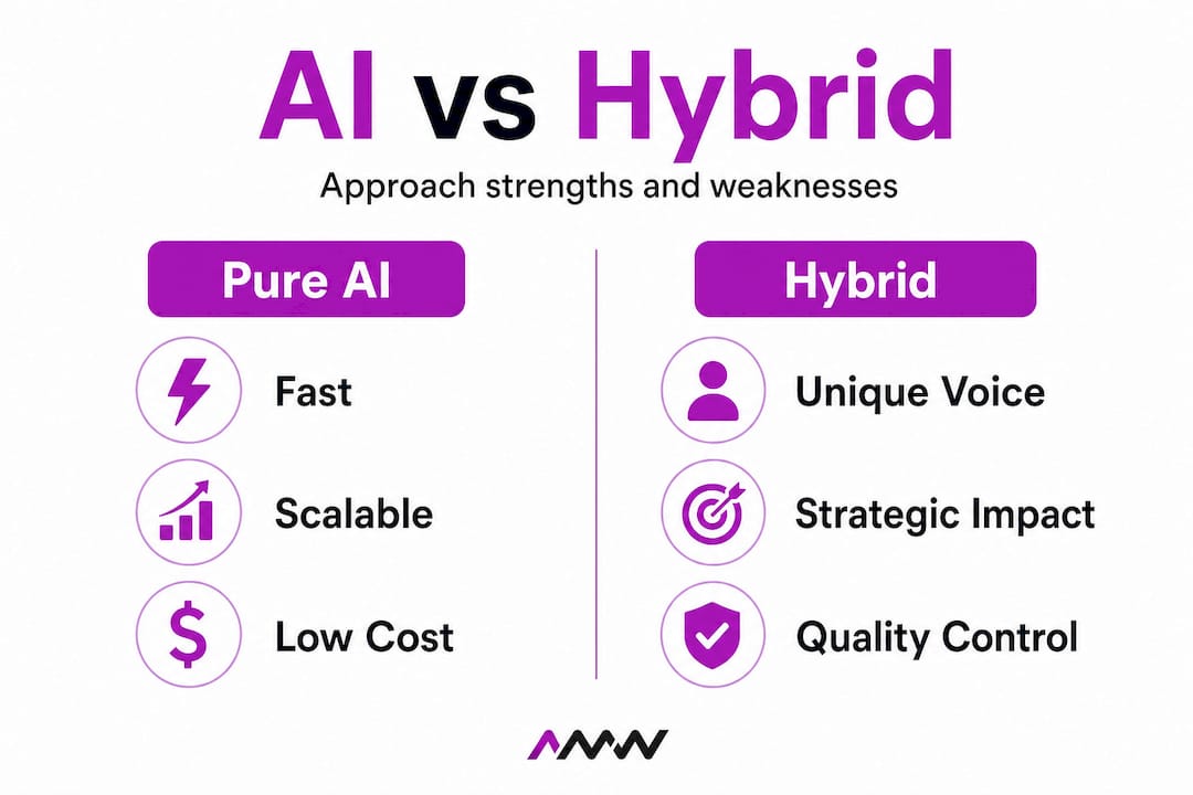 Infographic comparing pure AI and hybrid workflows