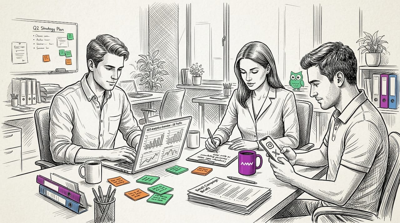 Teamwork on digital marketing strategy in office