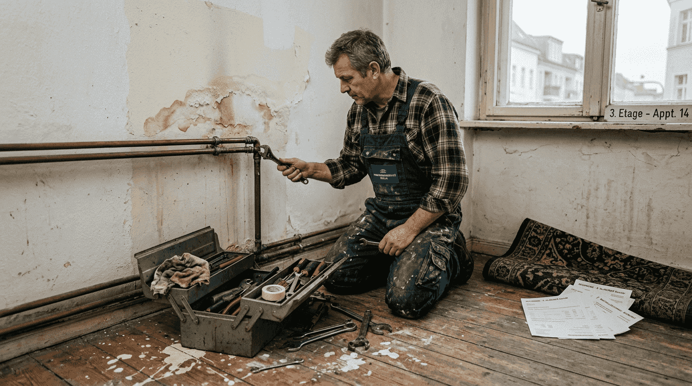 Ein Handwerker nimmt die Altbauwohnung genau unter die Lupe und sucht nach möglichen Mängeln.