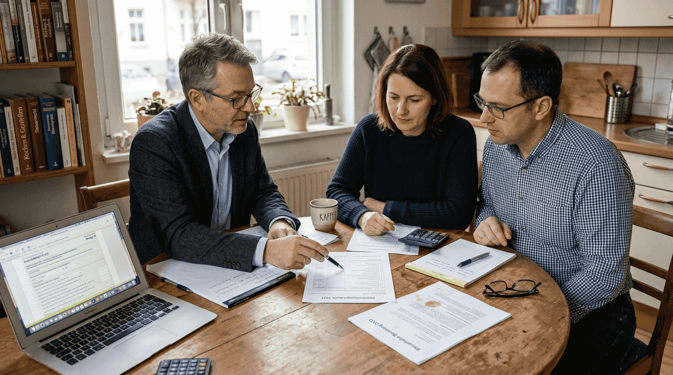 Ein Ehepaar lässt sich von einem Experten zur Grundsteuer beraten.