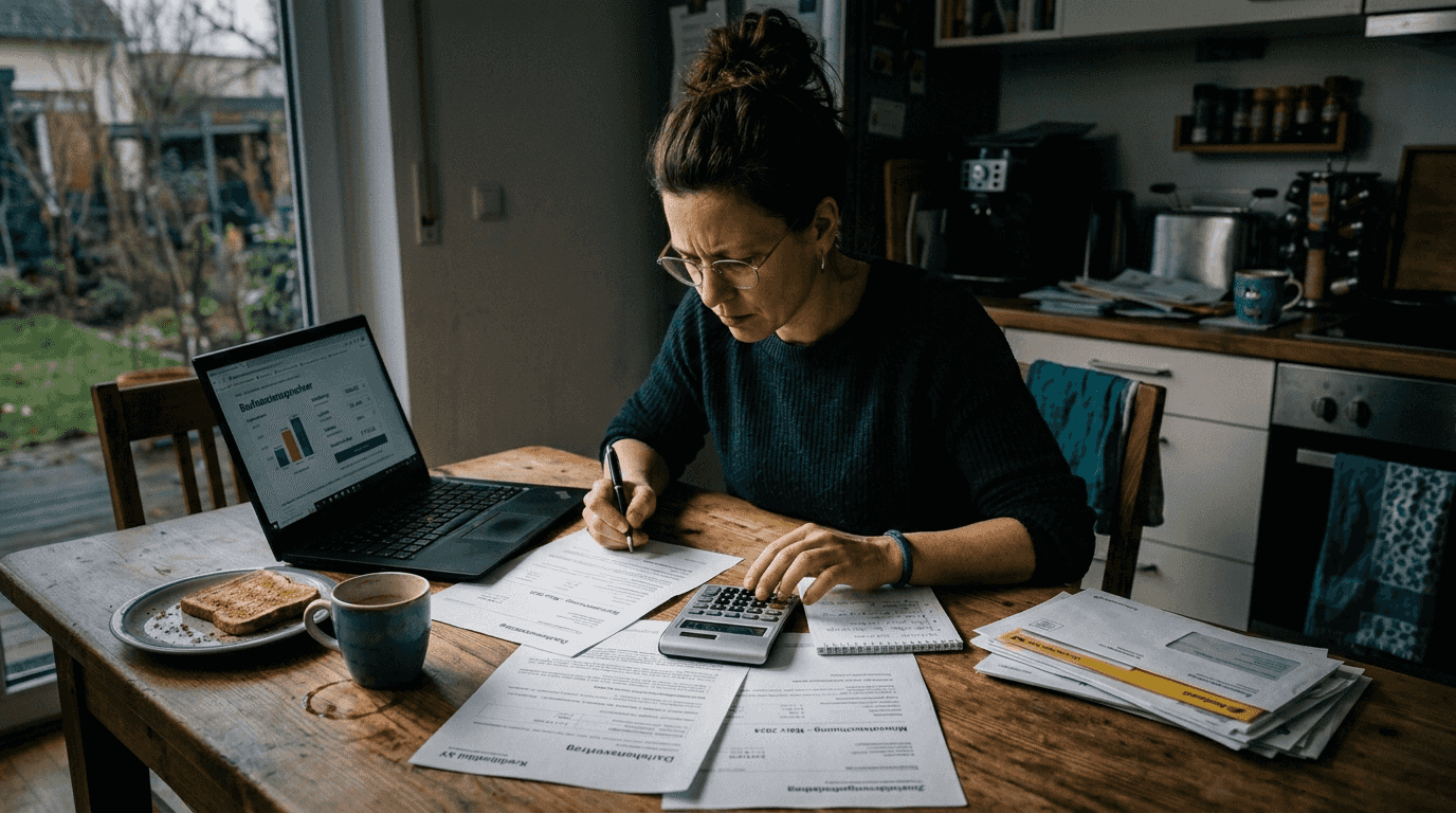 Eine Frau sitzt am Küchentisch und rechnet aus, wie viel sie mit ihrer Immobilienfinanzierung verdienen kann.