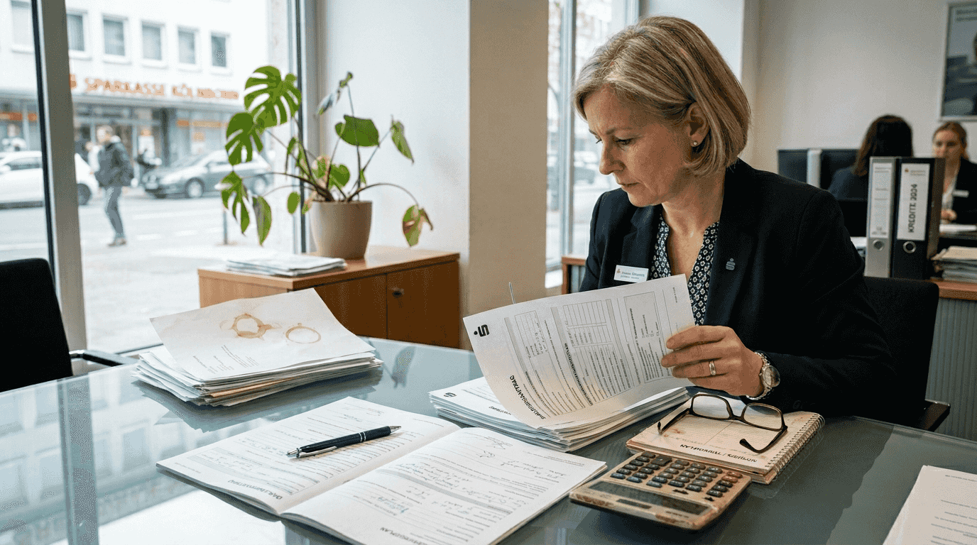 Eine Bankberaterin begutachtet einen Kreditantrag direkt am Schreibtisch.