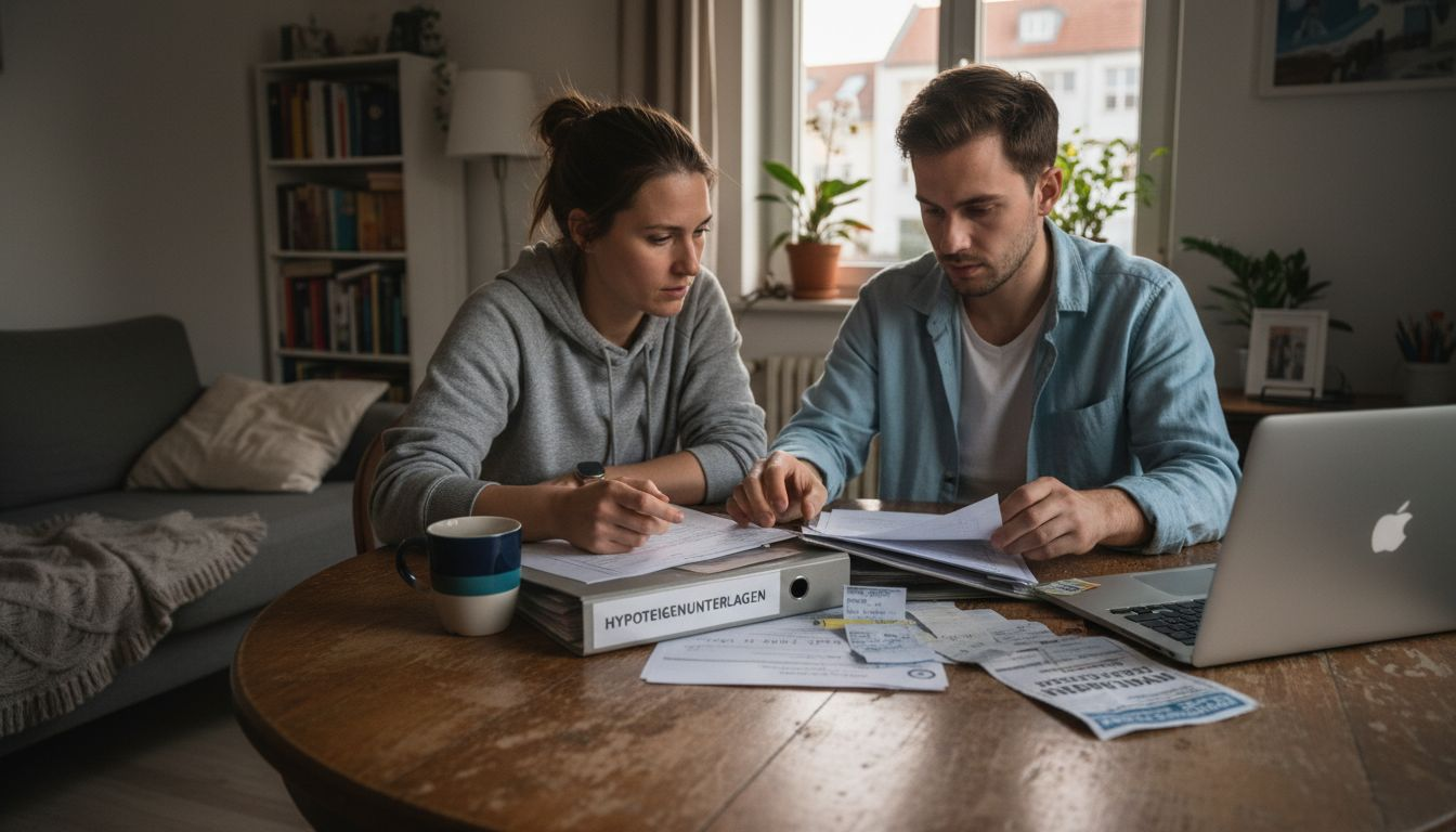 Ein Paar sitzt gemeinsam in ihrer Wohnung und bespricht die Unterlagen für ihren Hauskredit.