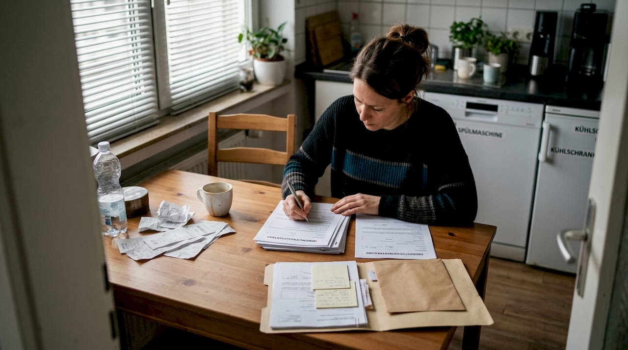 Eine Frau sitzt am Küchentisch und rechnet aus, welche Zusatzkosten beim Immobilienkauf auf sie zukommen.