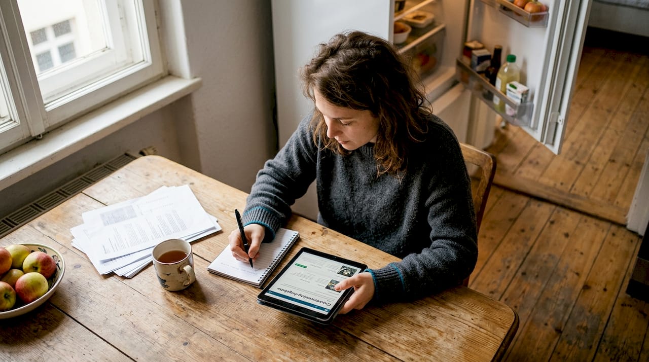 Eine Frau sitzt am Küchentisch und schmiedet Pläne für ihr nächstes Crowdinvesting-Projekt.