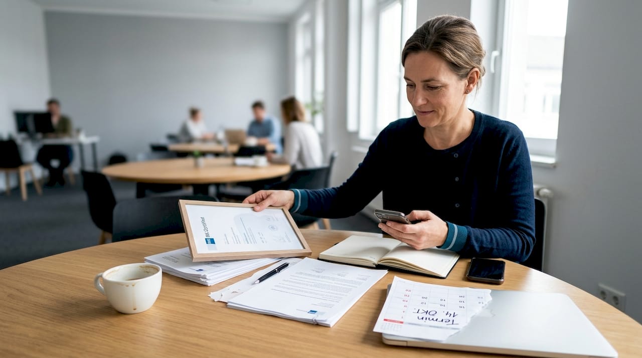 Zertifizierte Immobilienmaklerin (IHK) mit allen wichtigen Unterlagen griffbereit am Besprechungstisch