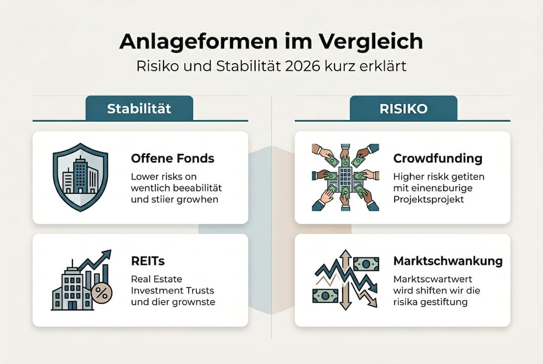 Infografik: Verschiedene Anlageformen im Vergleich – Chancen, Risiken und Stabilität auf einen Blick