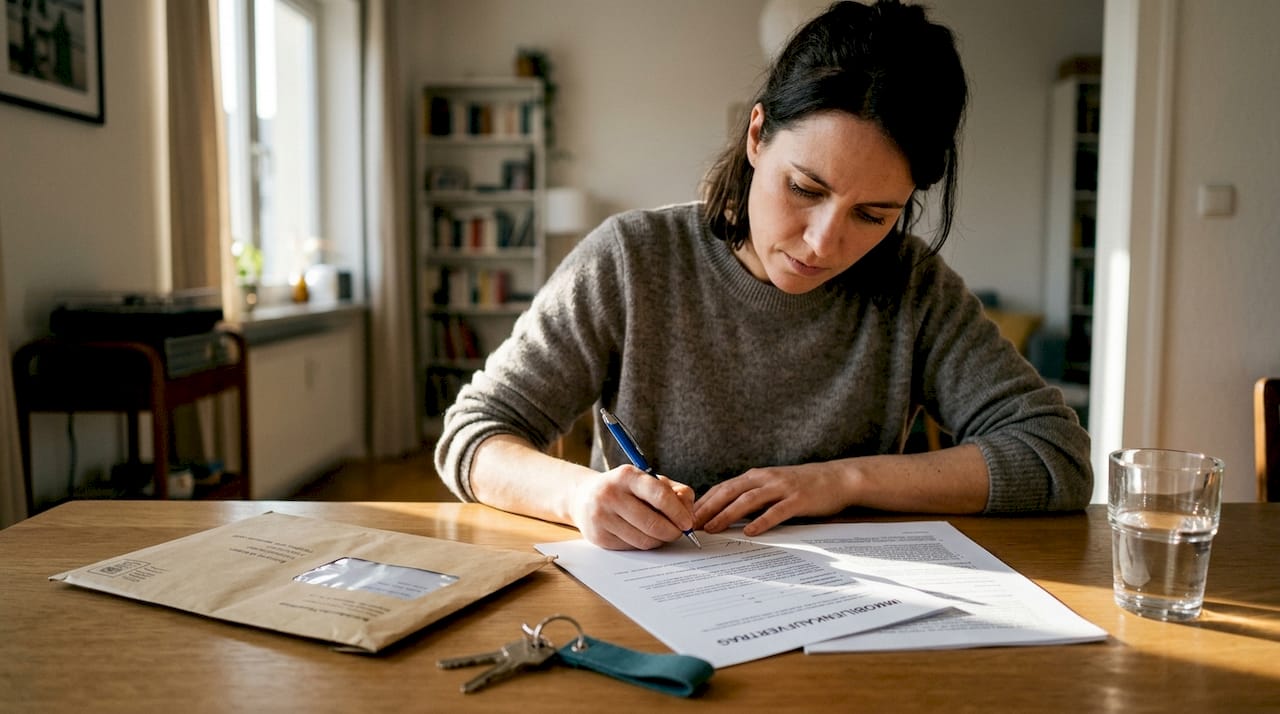Eine Frau unterschreibt gemütlich zu Hause den Mietvertrag für ihre neue Wohnung.