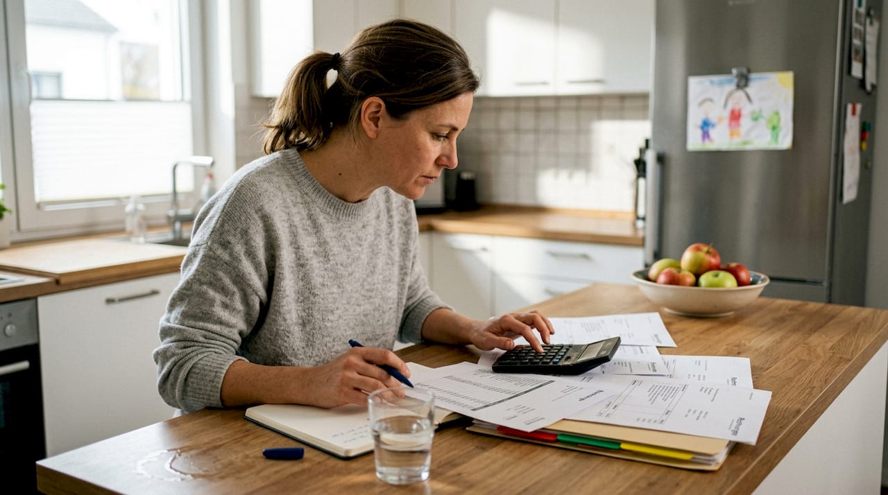 Eine Frau sitzt in ihrer Küche und rechnet aus, wie viel sie für ihre Immobilie investieren muss.