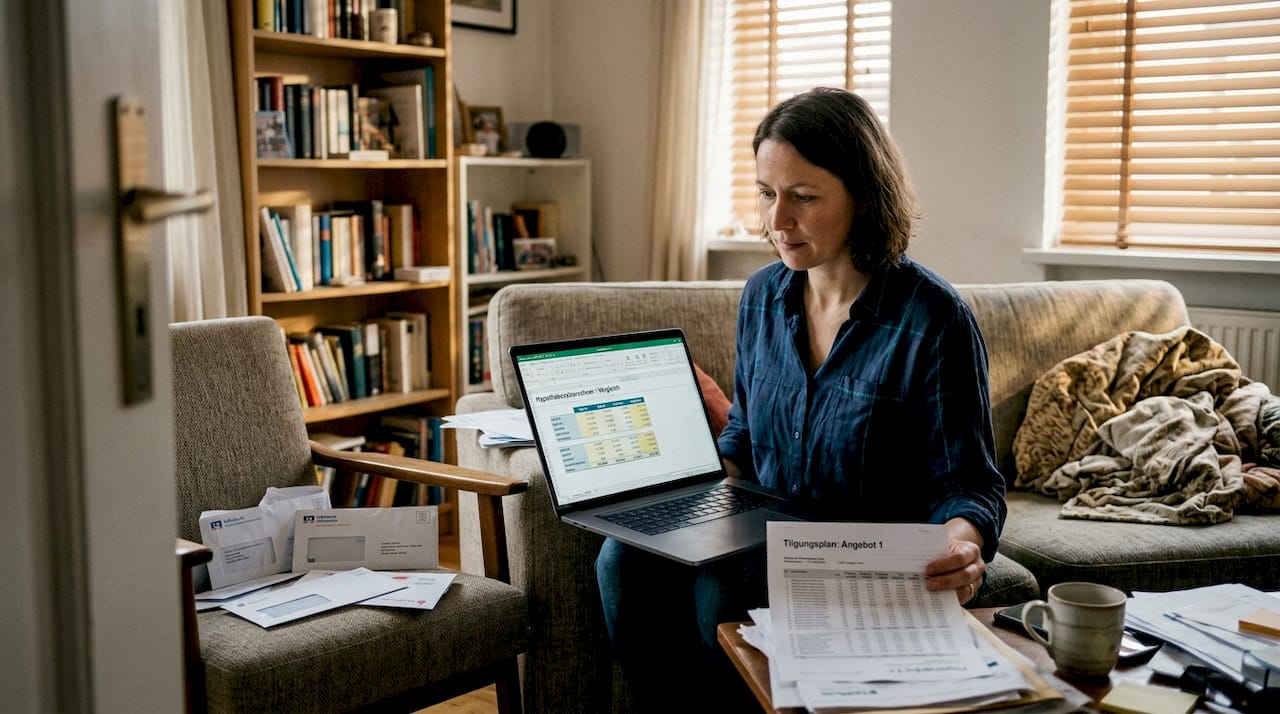 Im heimischen Wohnzimmer macht sich eine Frau daran, ihre Immobilienfinanzierung durchzurechnen.