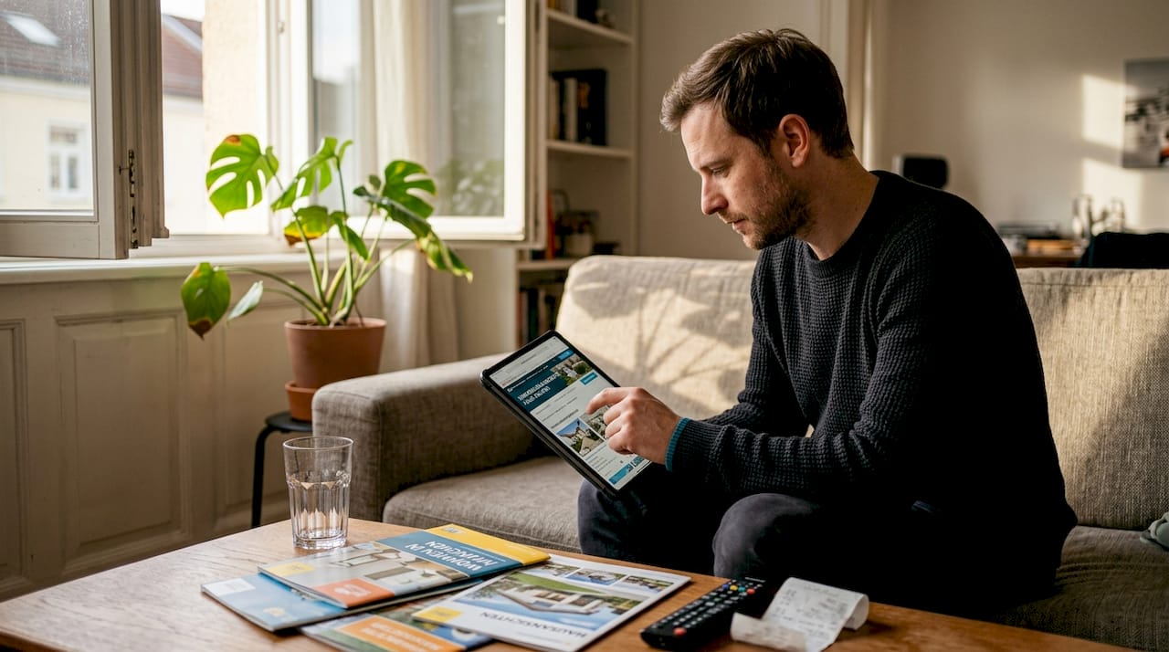 Ein Mann informiert sich gemütlich im Wohnzimmer über Investitionen in Immobilien.