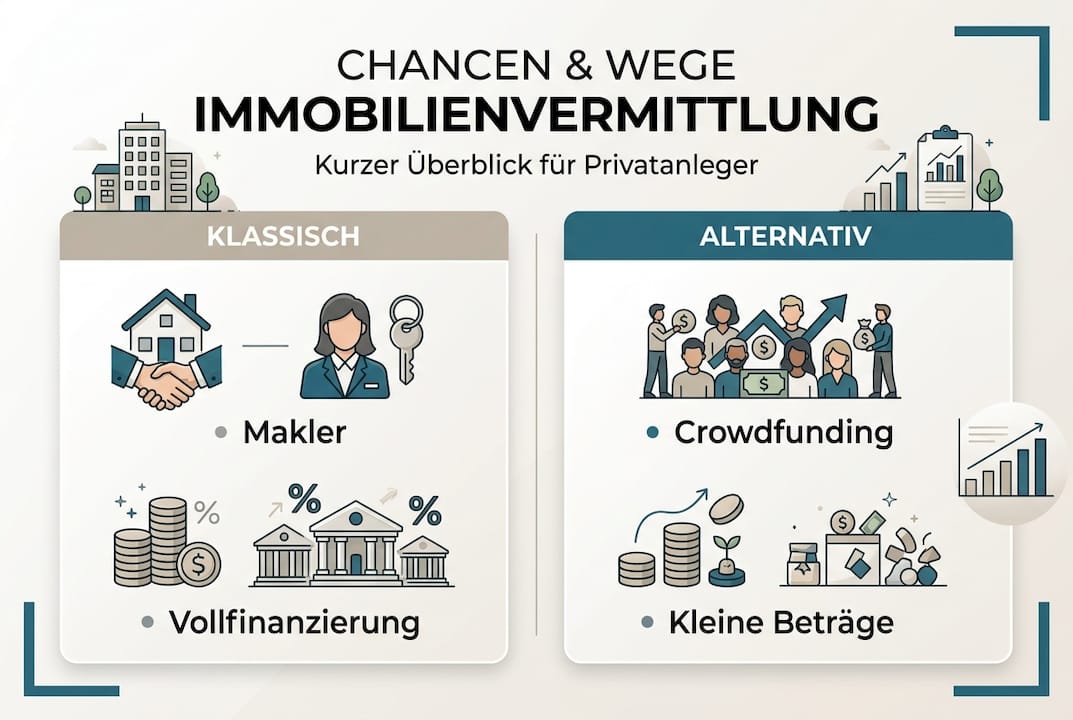 Die Infografik veranschaulicht die verschiedenen Möglichkeiten, wie Immobilien erfolgreich vermittelt werden können.