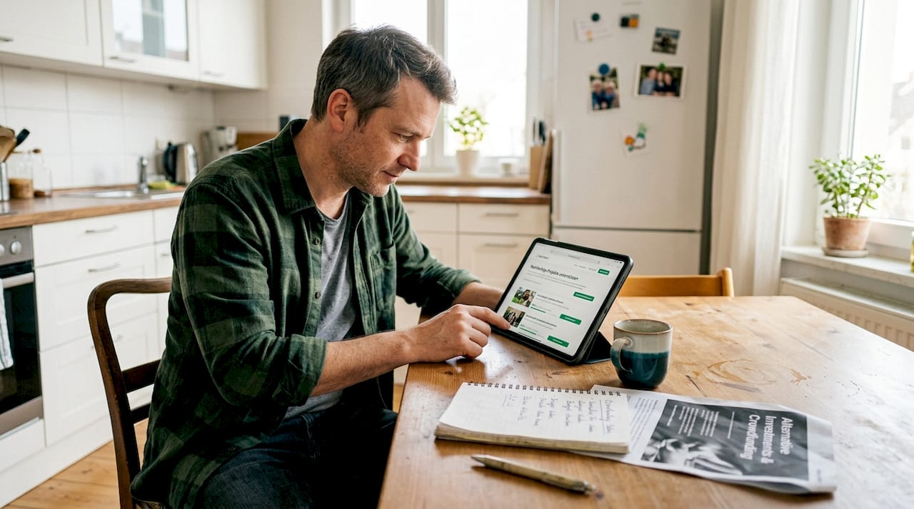 Ein Anleger prüft verschiedene Möglichkeiten für Immobilien-Crowdfunding.