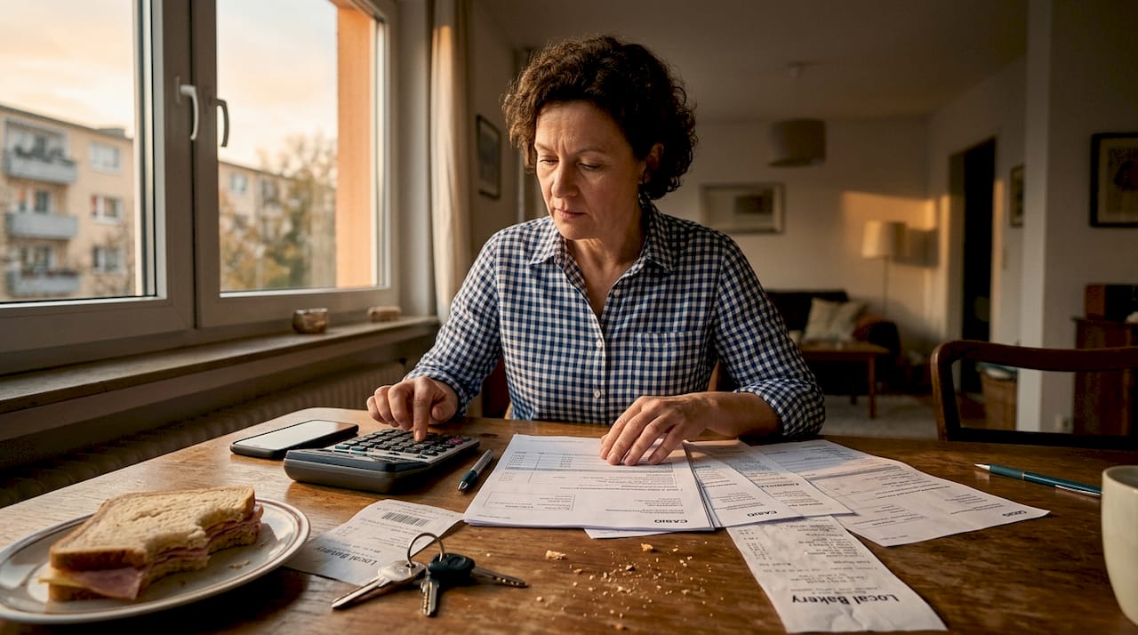 Ein Vermieter sitzt am Tisch und überprüft, ob die Miete eingegangen ist.
