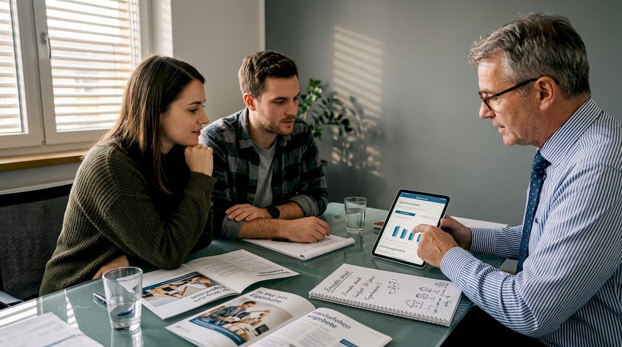 Ein junges Paar informiert sich gemeinsam bei ihrem Bankberater über Finanzierungsmöglichkeiten.
