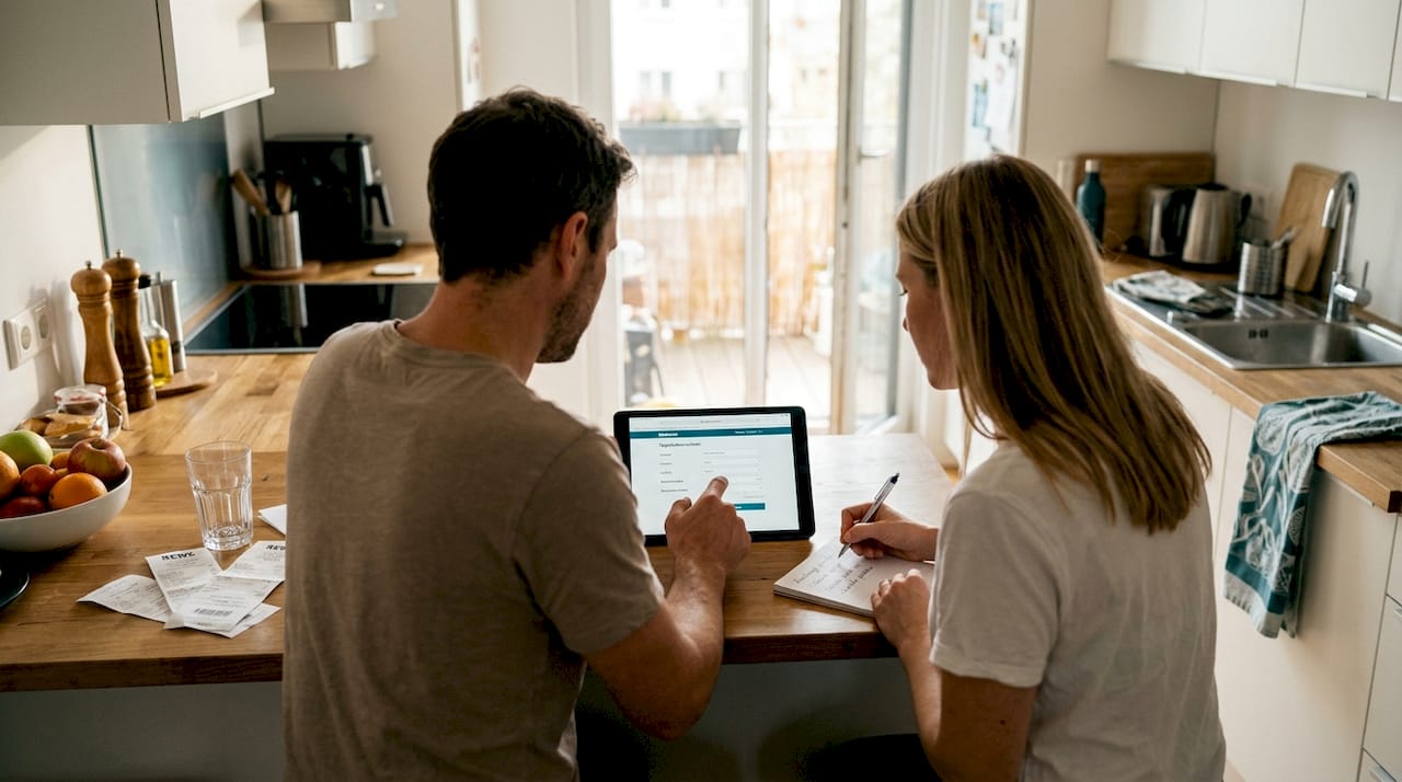 Ein Paar bespricht gemeinsam die finanziellen Aspekte beim Immobilienkauf.