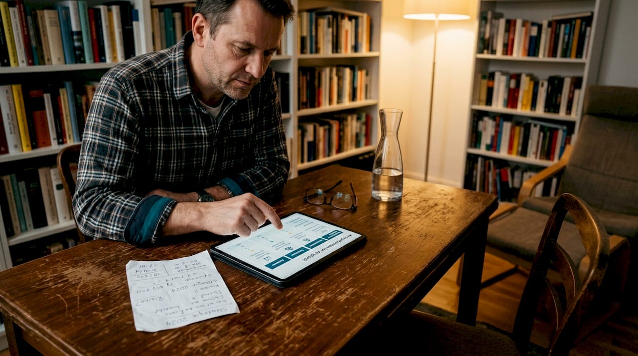 Ein Mann vergleicht, ob sich eine Investition in Immobilien oder in Aktien mehr lohnt.