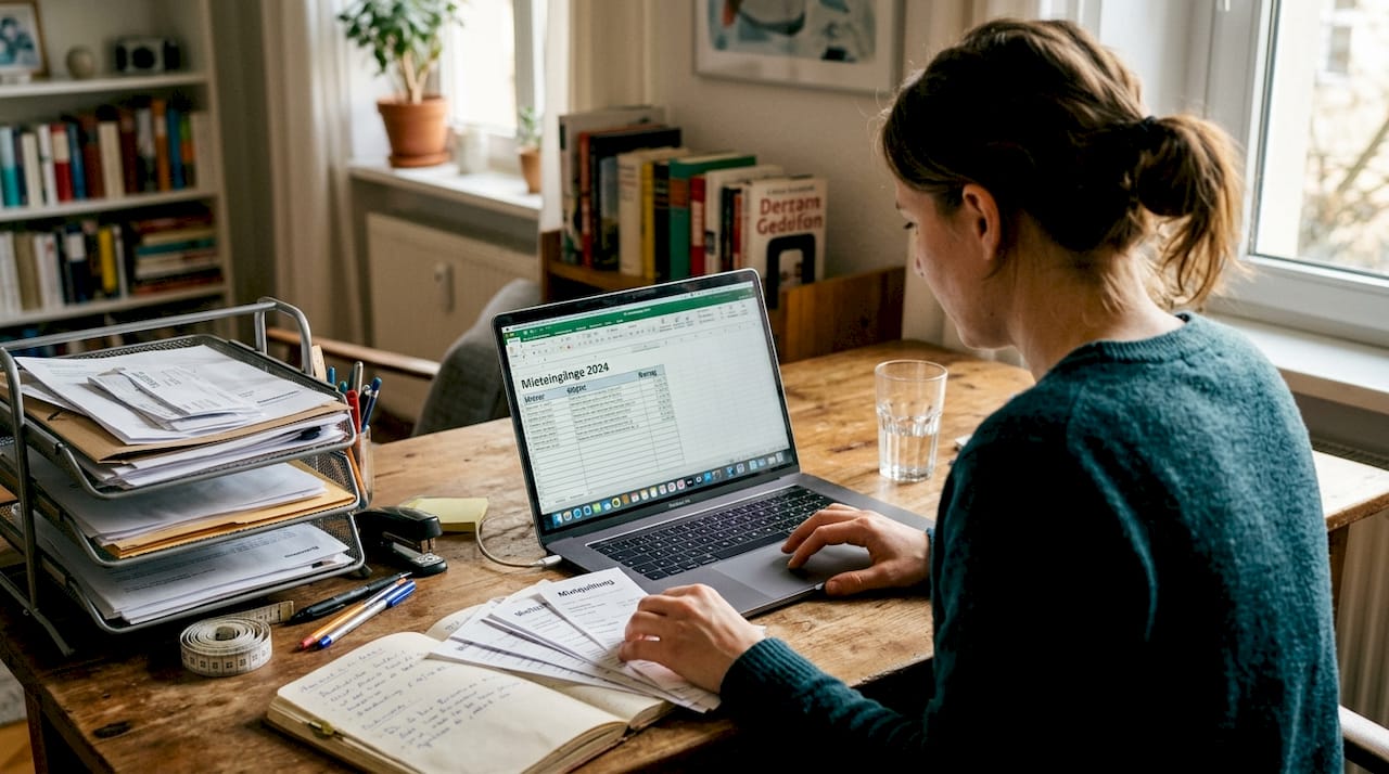 Eine Frau sitzt am Schreibtisch und kümmert sich um die finanzielle Verwaltung ihrer Mietobjekte.