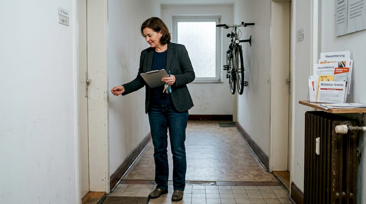Der Hausverwalter überprüft den Flur des Mehrfamilienhauses auf Ordnung und Sauberkeit.
