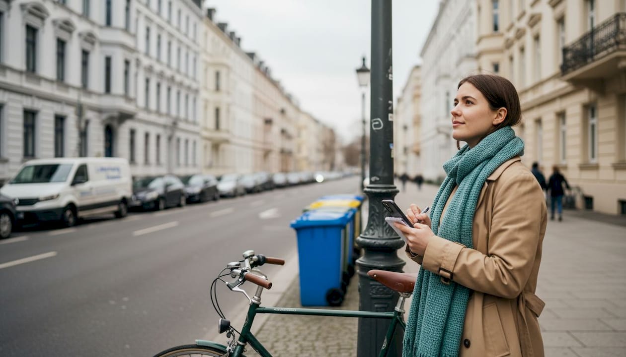 Eine Frau macht sich Notizen über die Standorte von Mietwohnungen in der Stadt.
