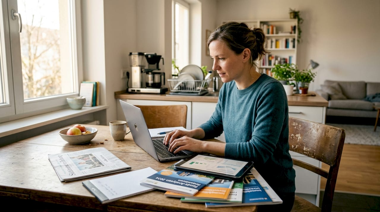 Eine Frau beschäftigt sich mit Investitionen in Immobilienfonds und andere Anlagefonds.