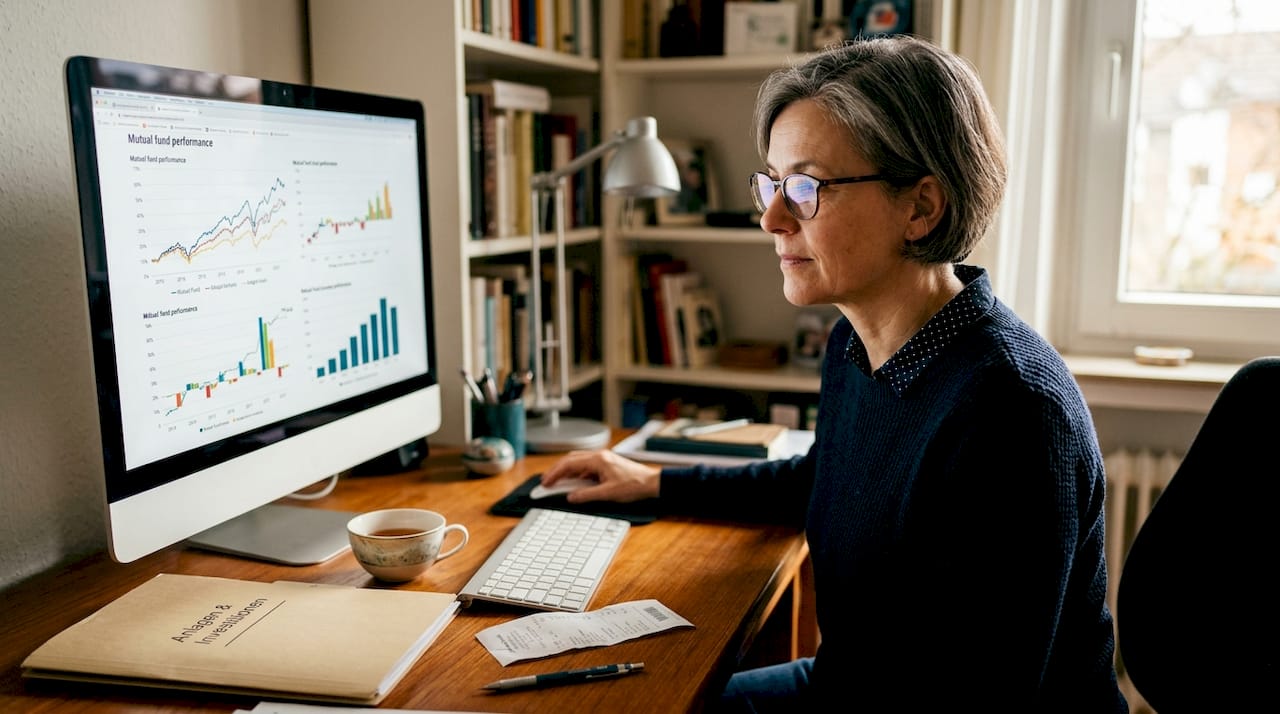 Eine Frau analysiert im Homeoffice die Entwicklung ihrer Fonds anhand von Diagrammen.