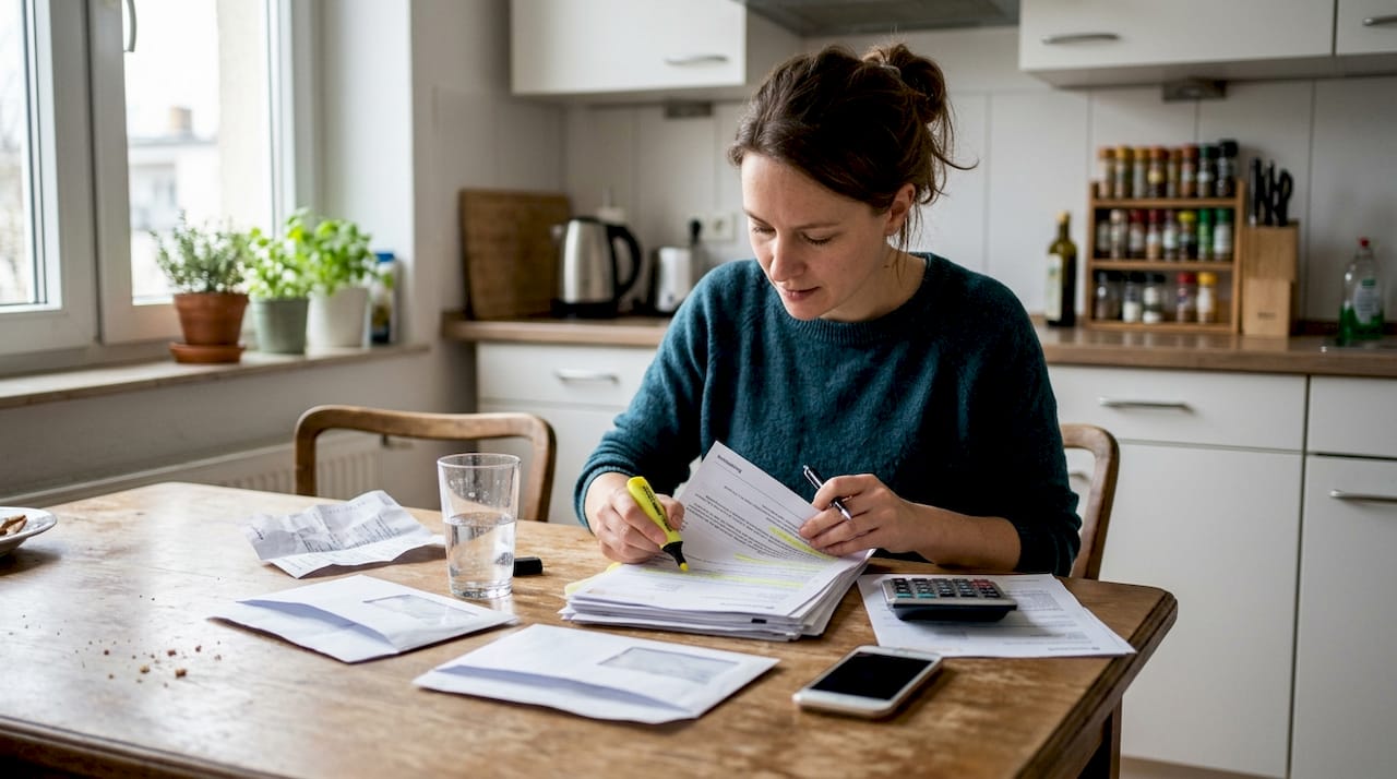 Eine Frau sortiert ihre Bankunterlagen am Küchentisch.