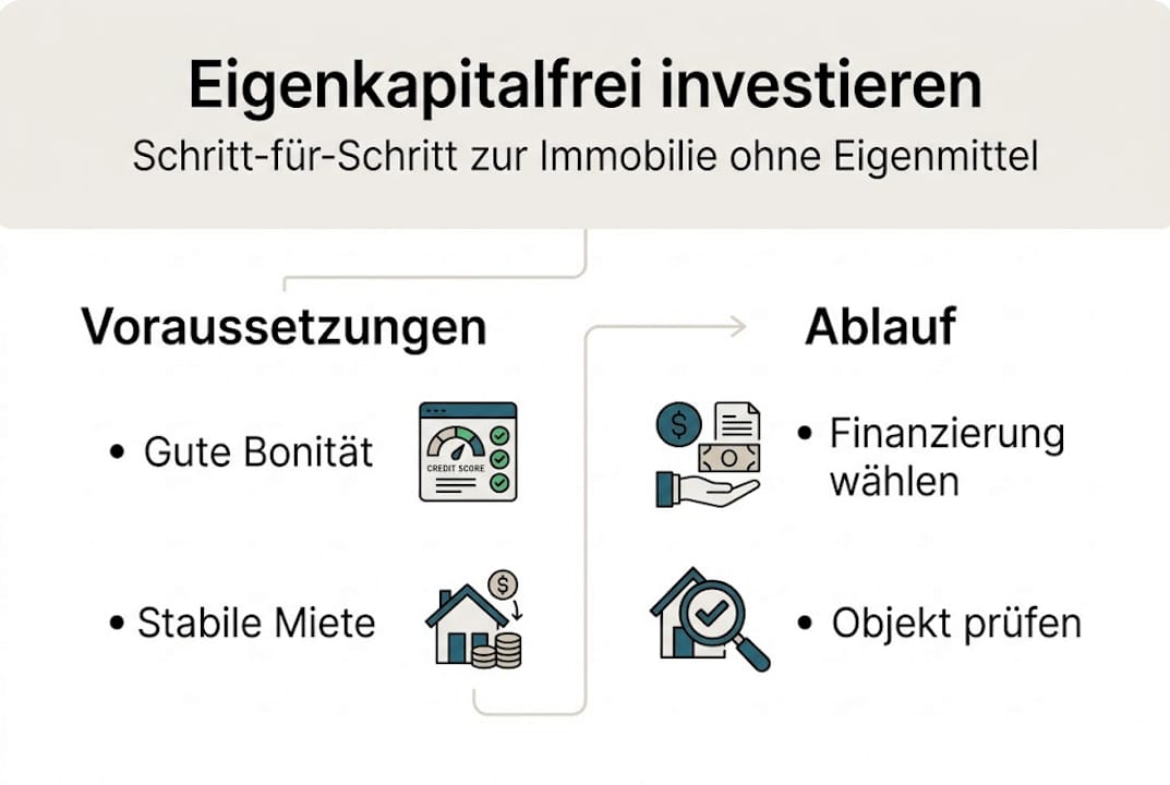 Infografik: So gelingt die Investition ohne Eigenkapital – Schritte und Voraussetzungen im Überblick