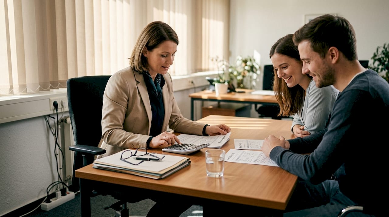 Eine Bankberaterin bespricht die Kreditunterlagen gemeinsam mit einem jungen Paar.