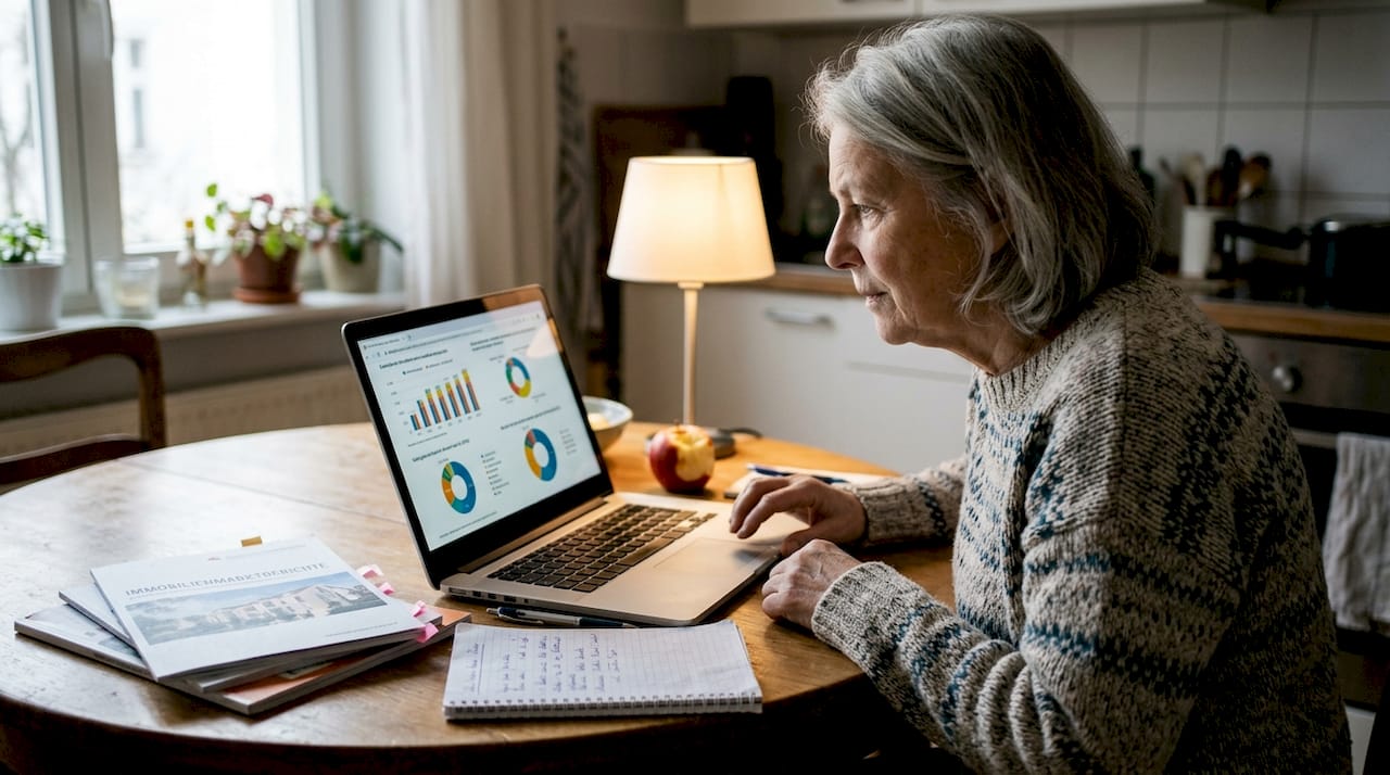 Am Küchentisch studiert eine Frau aufmerksam die aktuellen Zahlen und Trends auf dem Immobilienmarkt.