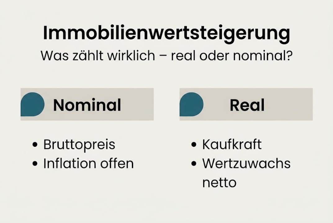 Grafik: Entwicklung der Immobilienwerte – nominal vs. inflationsbereinigt