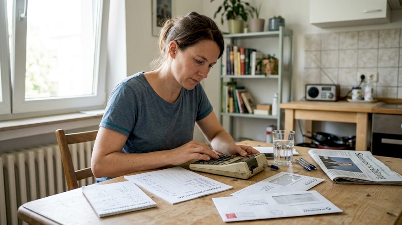 Ein Vermieter sitzt in der Küche und rechnet seine Ausgaben durch.