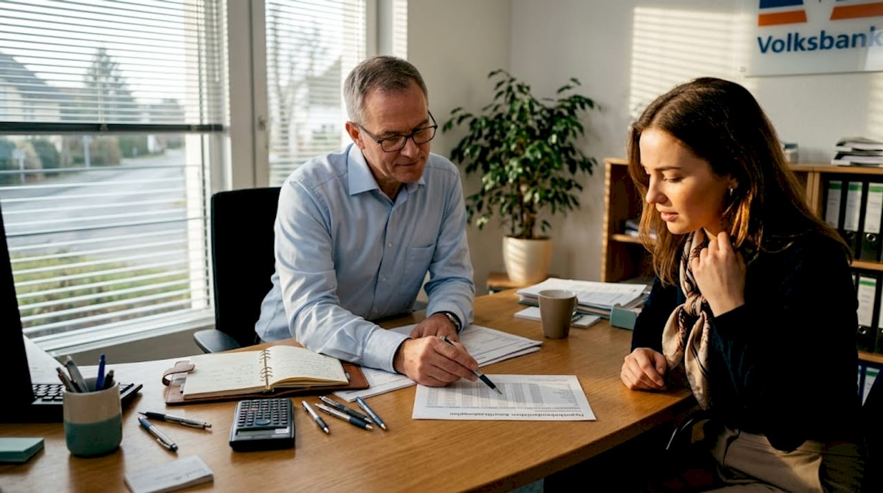 Kunde und Berater sprechen gemeinsam über mögliche Risiken bei der Immobilienfinanzierung.