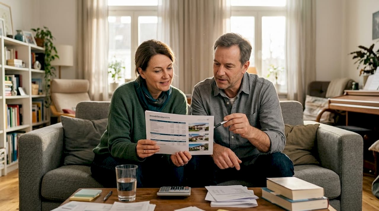 Ein Paar plant im Wohnzimmer gemeinsam die Investition in eine Immobilie.