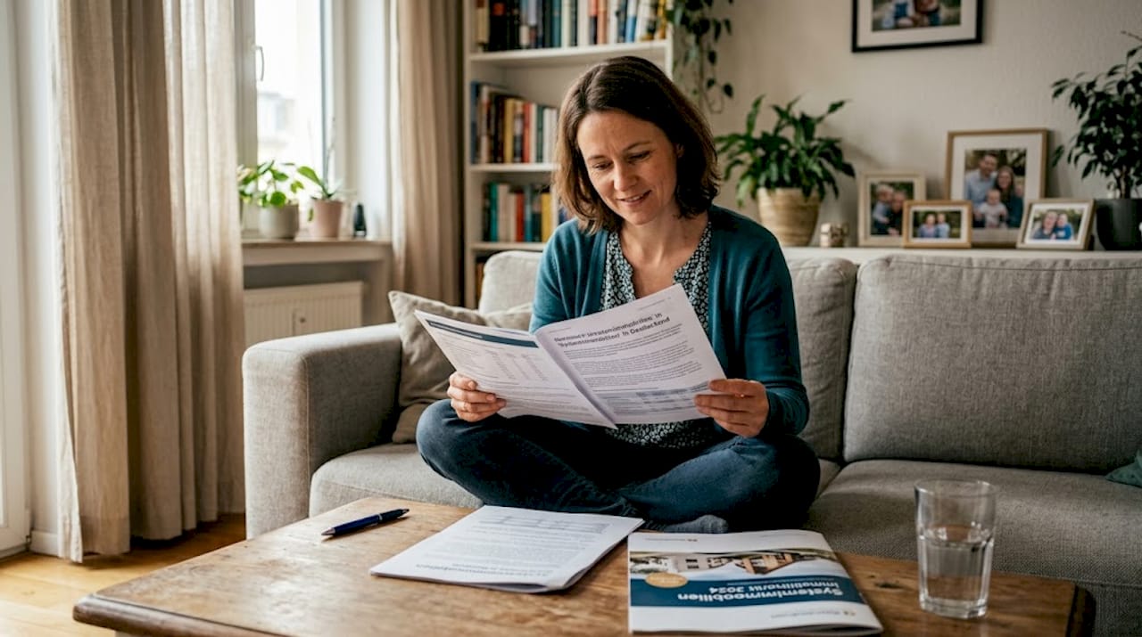 Eine Frau prüft zu Hause Unterlagen zu Systemimmobilien.