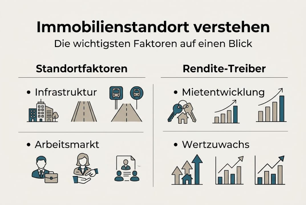 Die Infografik veranschaulicht, welche Standortfaktoren den größten Einfluss auf die Rendite haben.