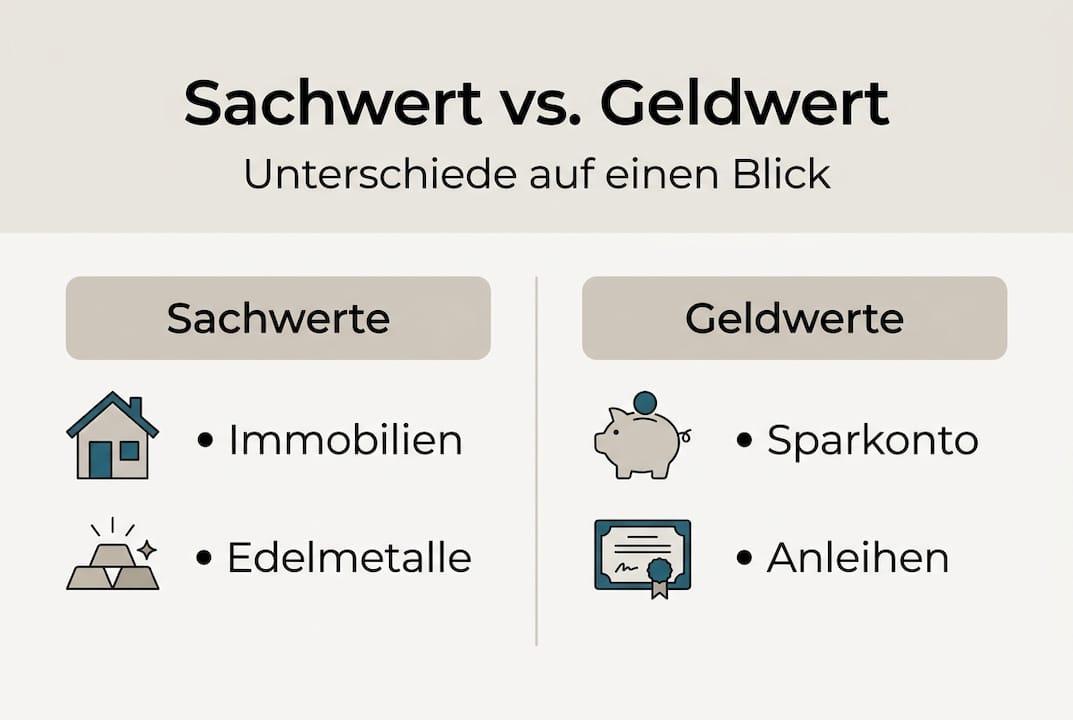 Eine übersichtliche Infografik, die Sachwerte und Geldwerte anschaulich miteinander vergleicht.