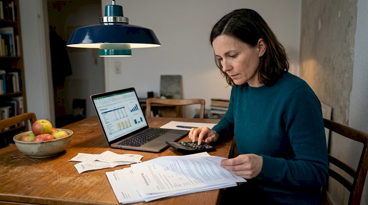 Eine Frau plant ihre Finanzen am Küchentisch.