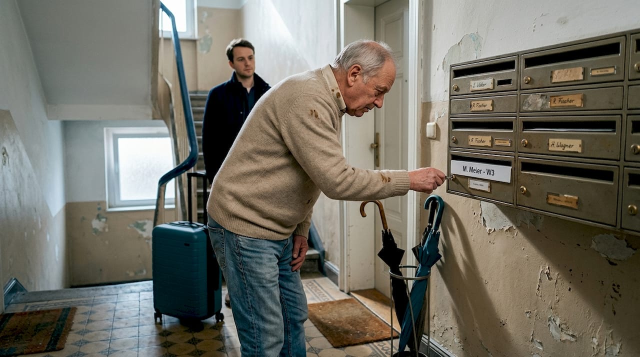 Ein Wohnungsbesitzer schließt im Hausflur sein Briefkastenfach auf.