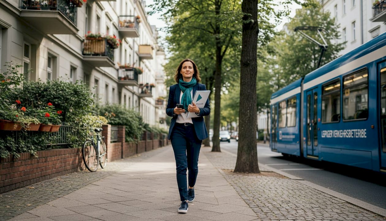 Immobilienmakler in einer Leipziger Nachbarschaftsstraße unterwegs