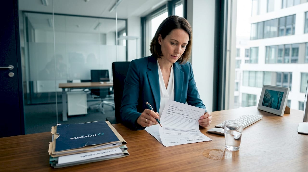 Eine Bankmitarbeiterin bearbeitet am Schreibtisch einen Antrag zur Baufinanzierung.