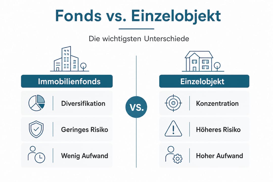 Die Infografik stellt Fonds und Einzelobjekte direkt gegenüber und zeigt die wichtigsten Unterschiede auf einen Blick.