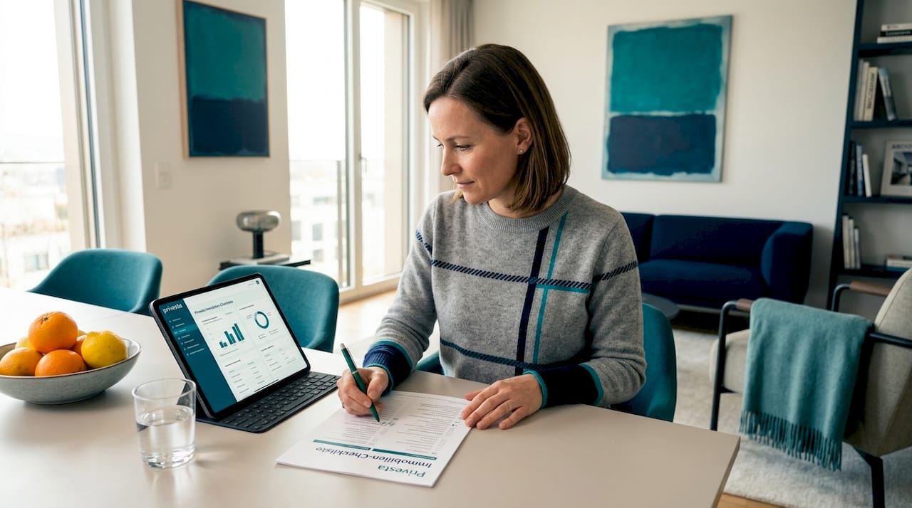 Ein Käufer sitzt am Küchentisch und geht aufmerksam die Checkliste für die Immobilienbesichtigung durch.