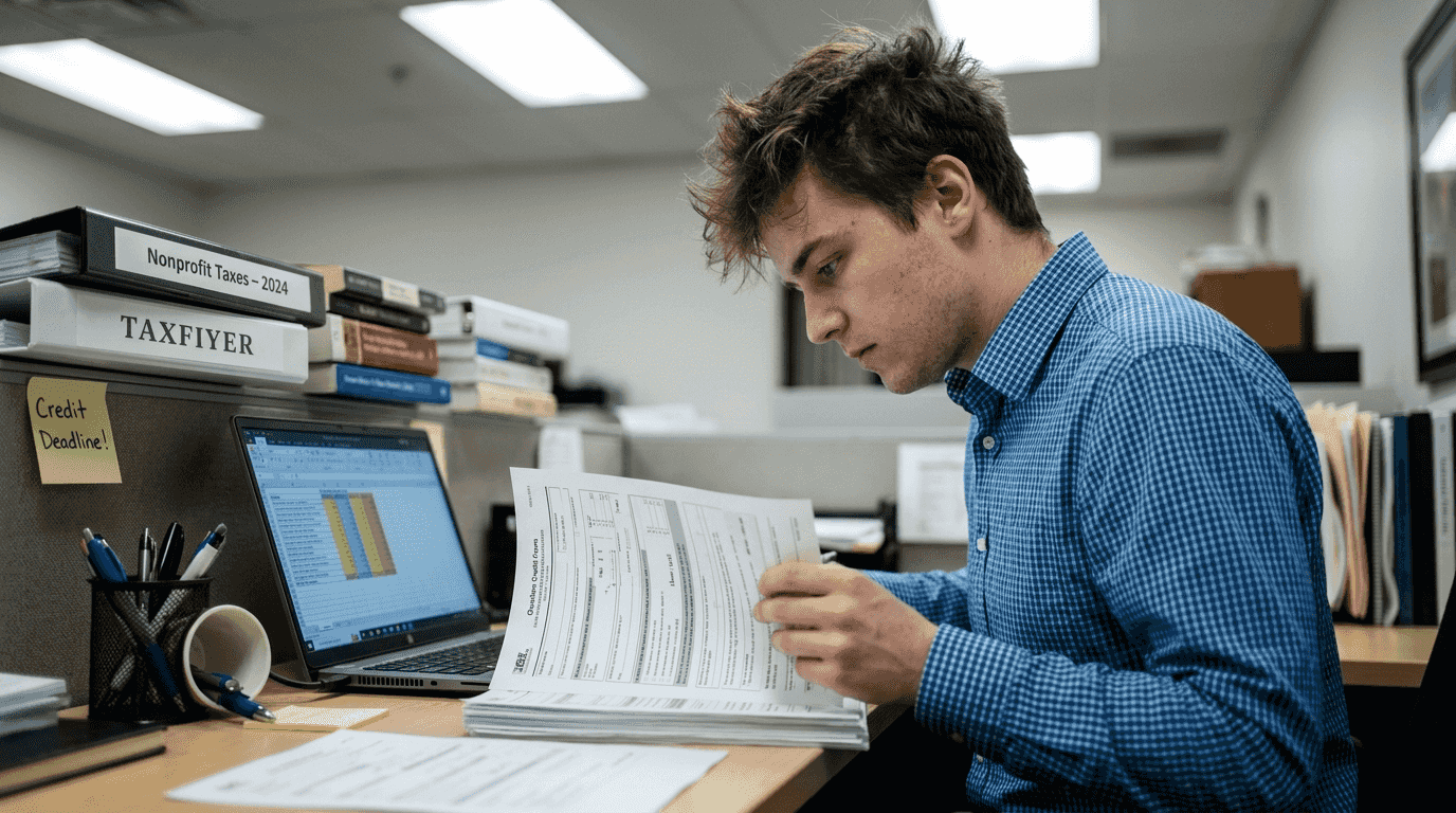 Accountant checking donation credit forms at desk