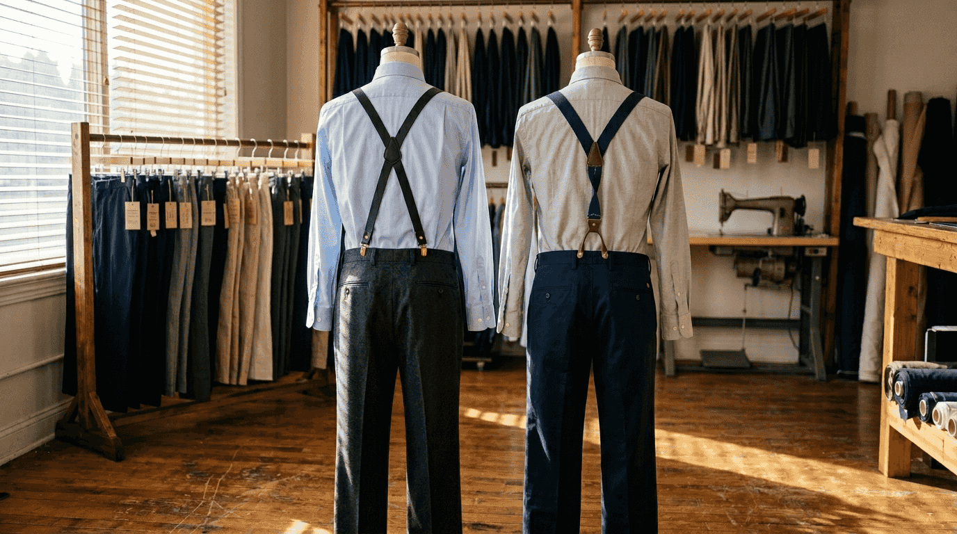 X-back and Y-back suspenders displayed side by side