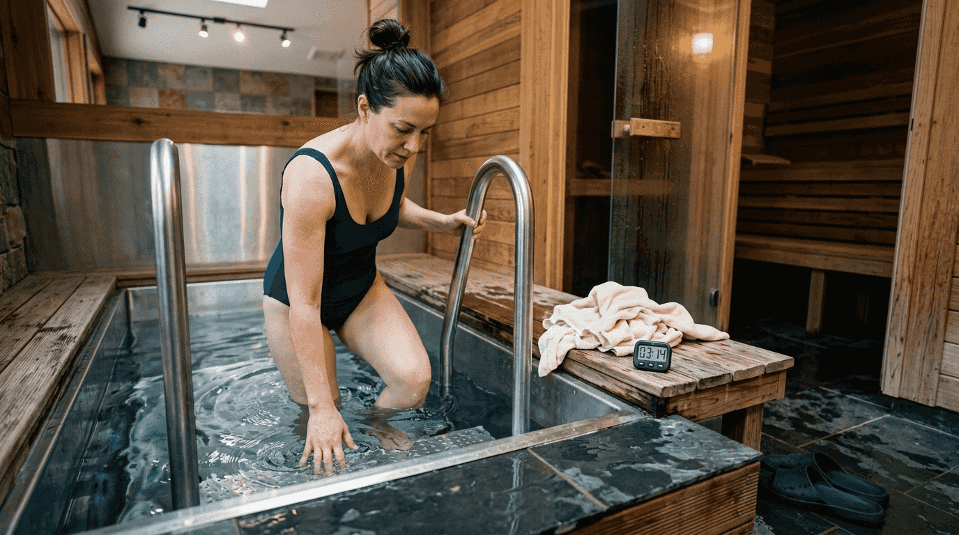 Woman starting cold plunge by sauna